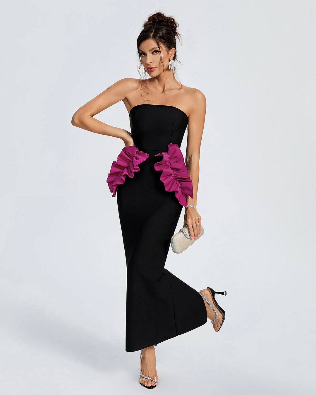 Elegant Tube Top Pleated Fungus side Maxi Dress