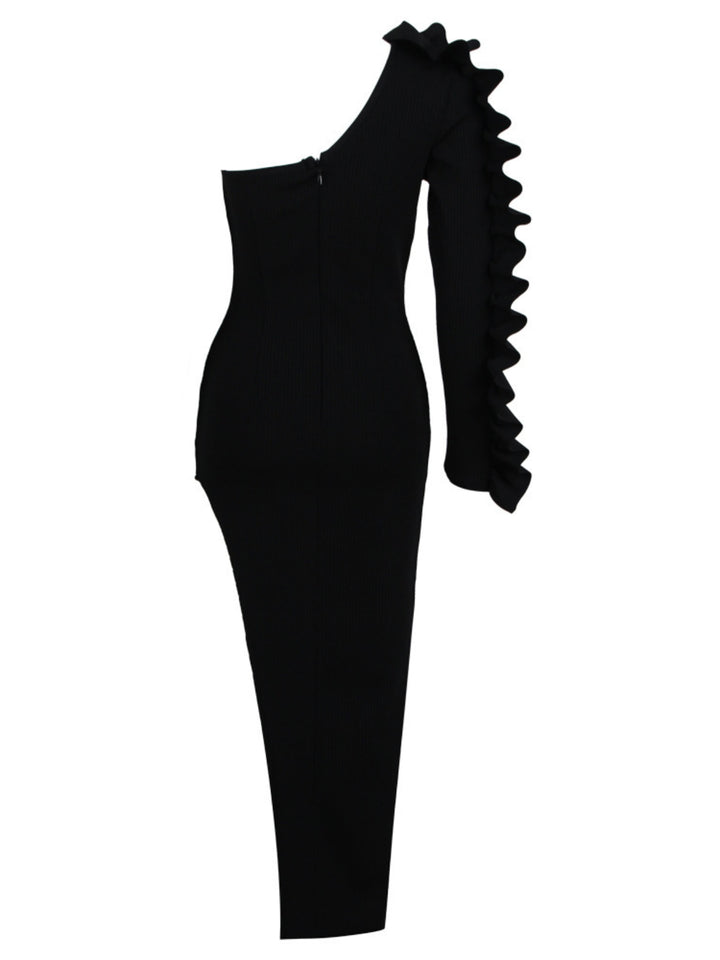 Black Ruffles Long-sleeved Bandage Maxi Dress