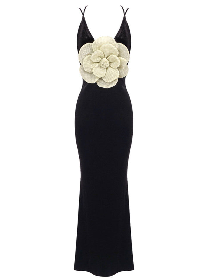 Black Suspender 3D Gold Flower Maxi Dress