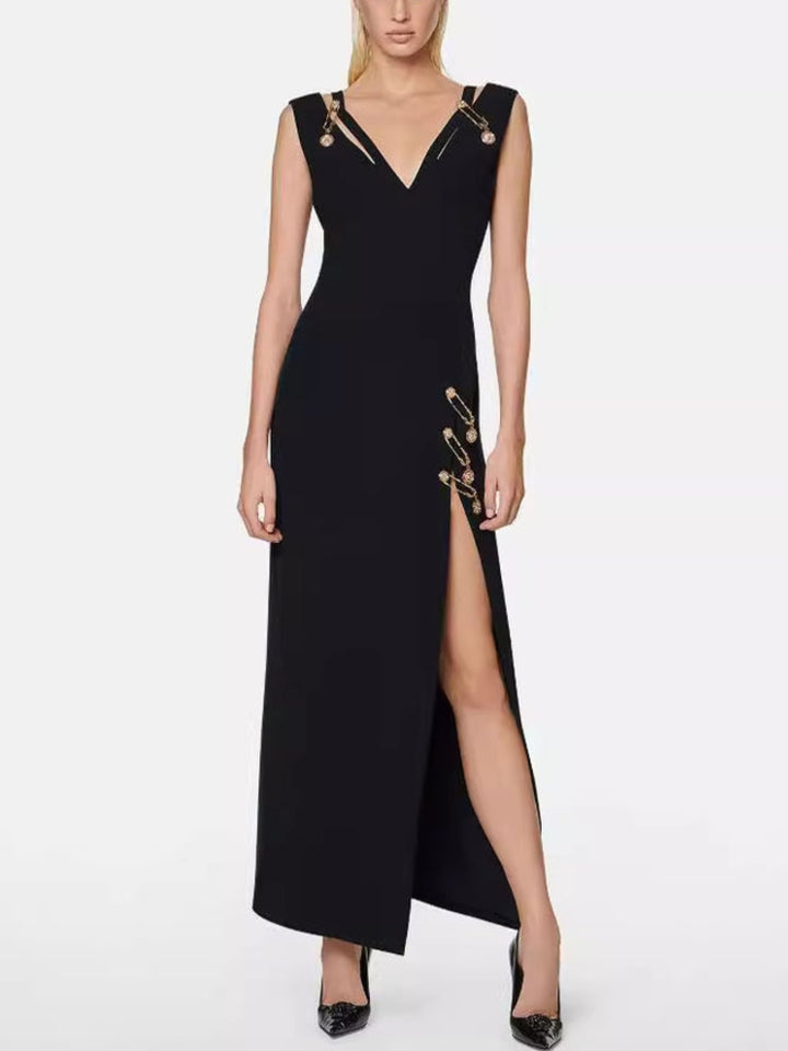 Elegant Black Pin Slit Dress