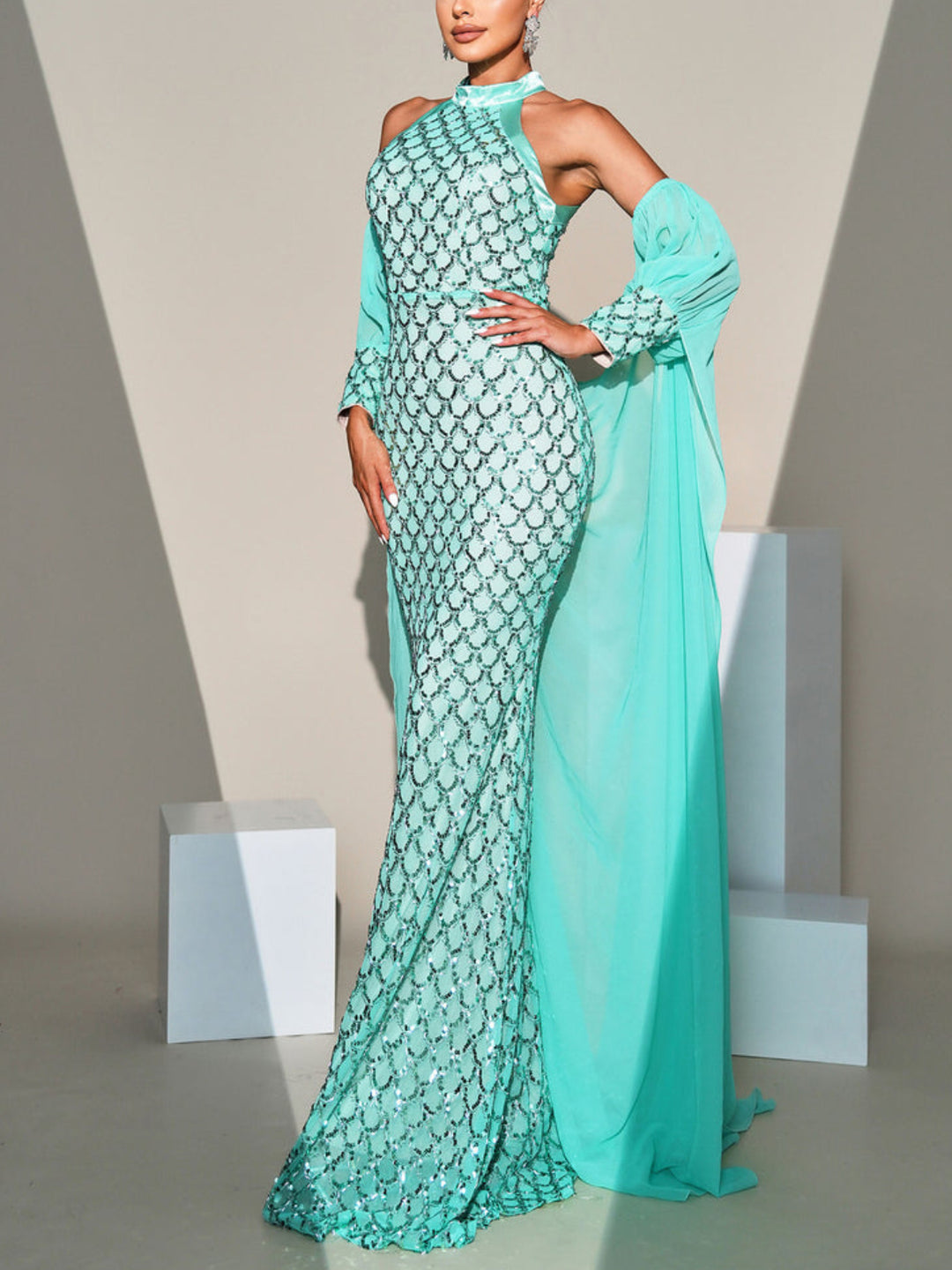 Fashion Fish Scale Sequin Maxi Dress