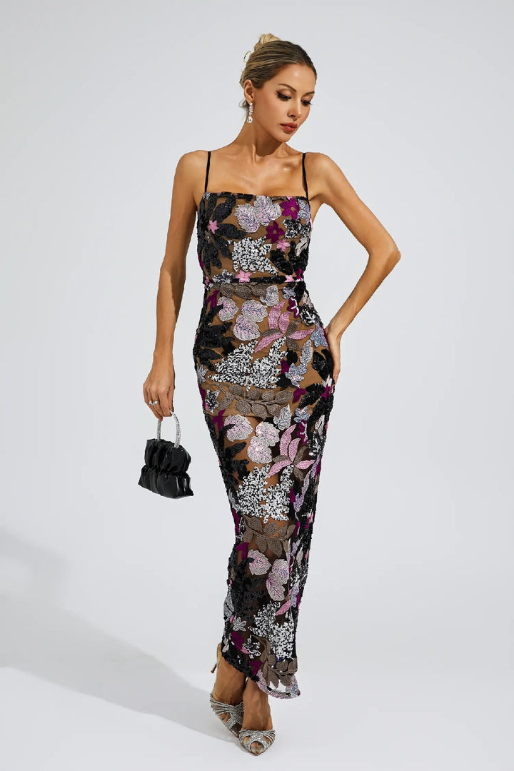 Elegant Embroidered Print Sequin Maxi Dress