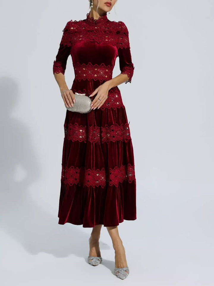 Vintage Hollow Lace Embroidered Midi Dress