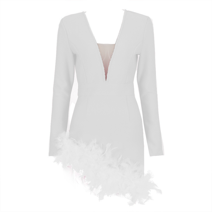 Elegant Long-sleeved Feather Mini Dress