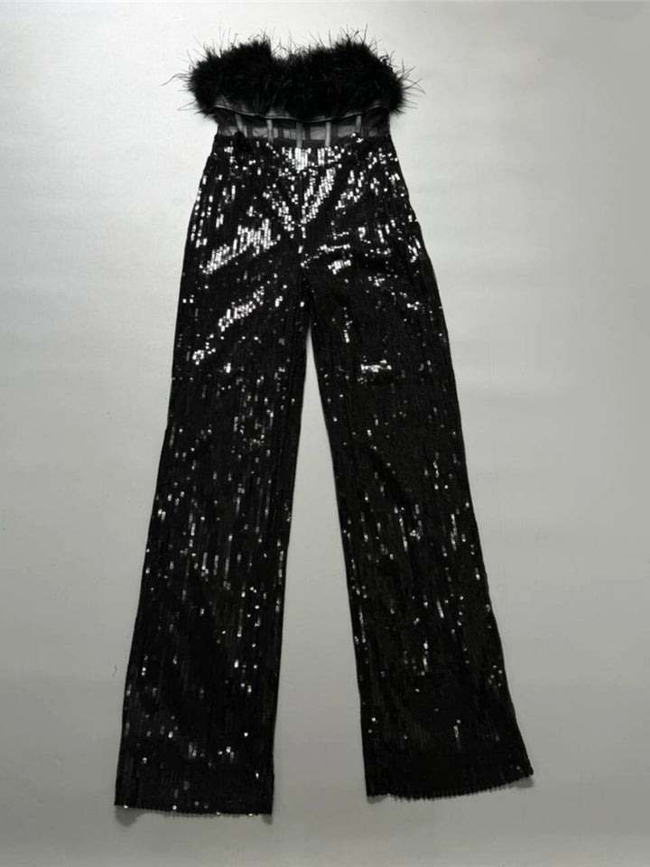 Feather Mesh Tube Top Sequined Jumpsuit