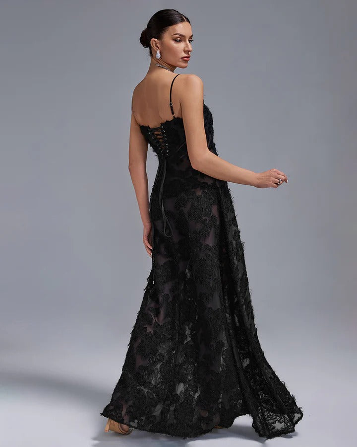 Elegant Black Suspender Lace Maxi Dress