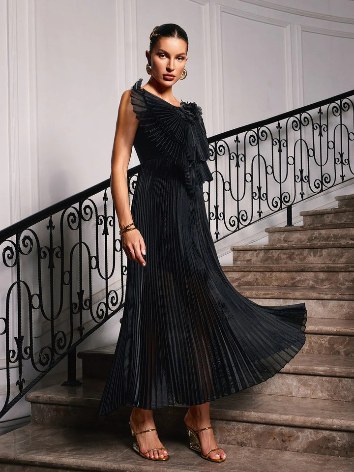 Elegant Pleated Three-dimensional Flower Dress