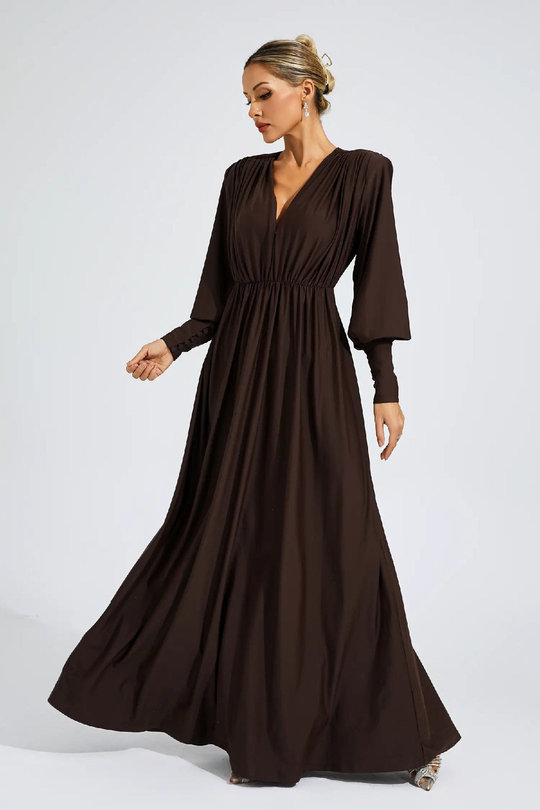 Simple Solid Color Dark V Long-sleeved Maxi Dress