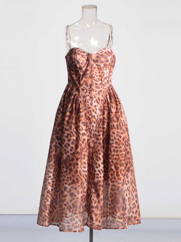 Leopard Print Diamond Suspender Midi Dress