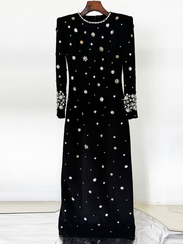 Pearl Bead Black Maxi Dress