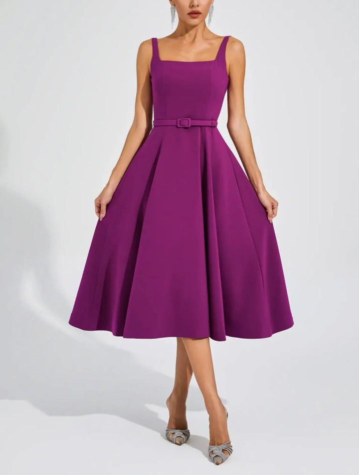 Elegant One-word Shoulder Solid Color Dress