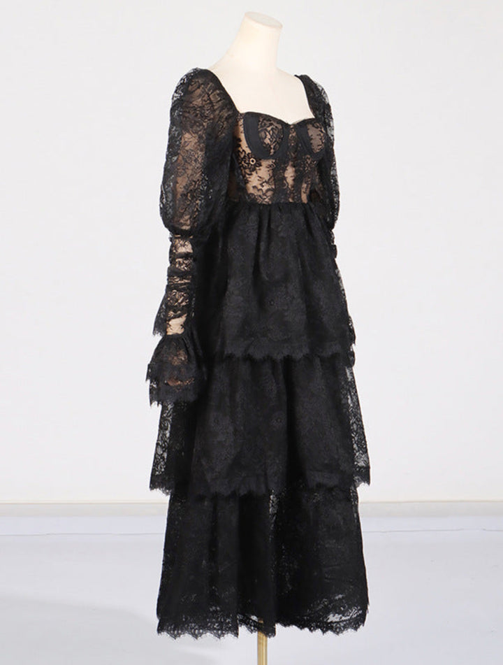 Elegant Bubble Sleeve Lace Mid-length Dress