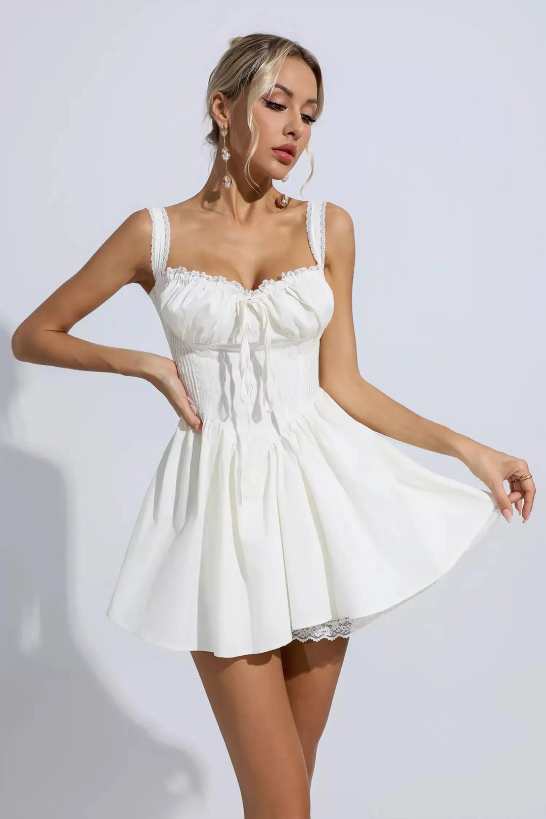 Amanda White Lace Ruched Mini Dress