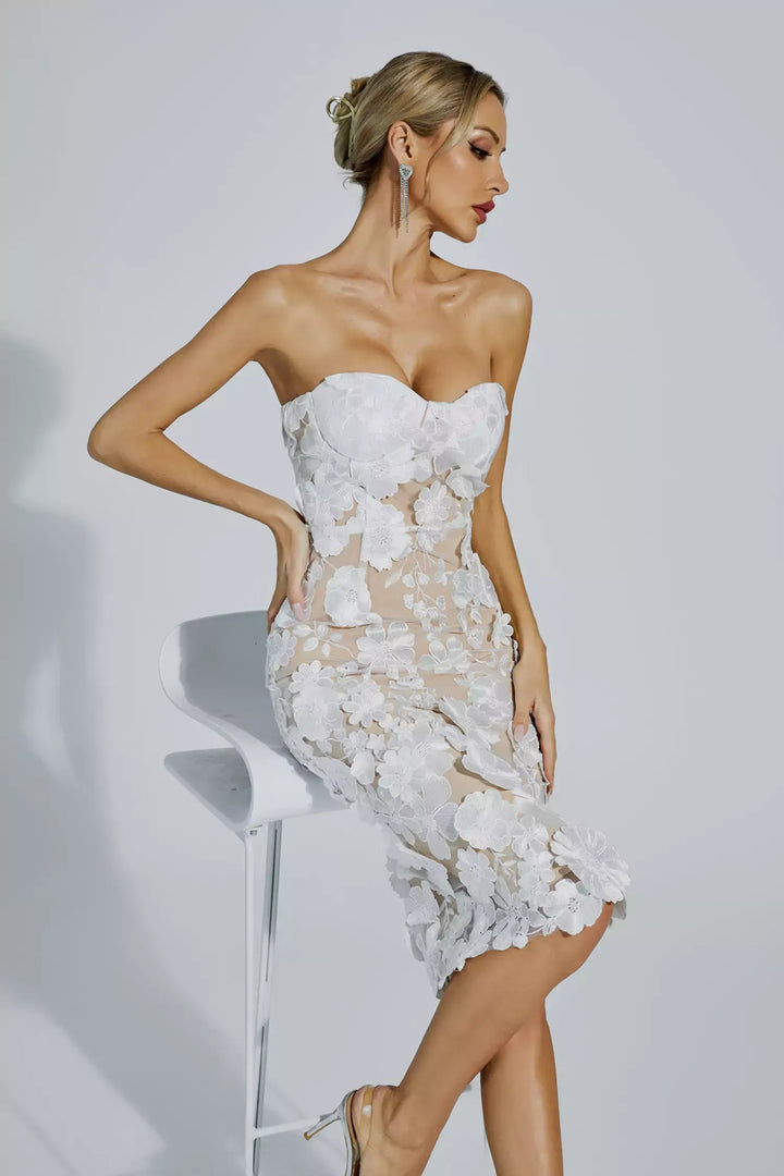 Anais White Lace Flower Off-shoulder Dress