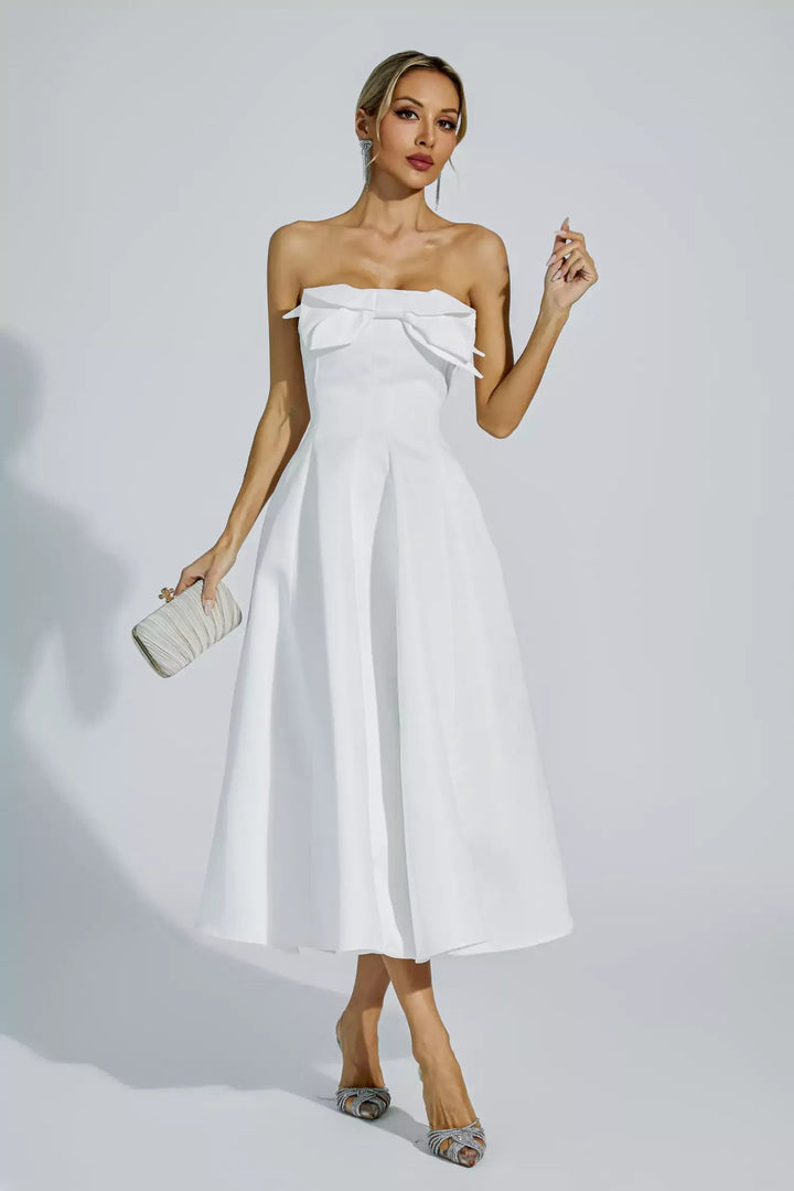 Off Shoulder  White Bow Flowy Dress