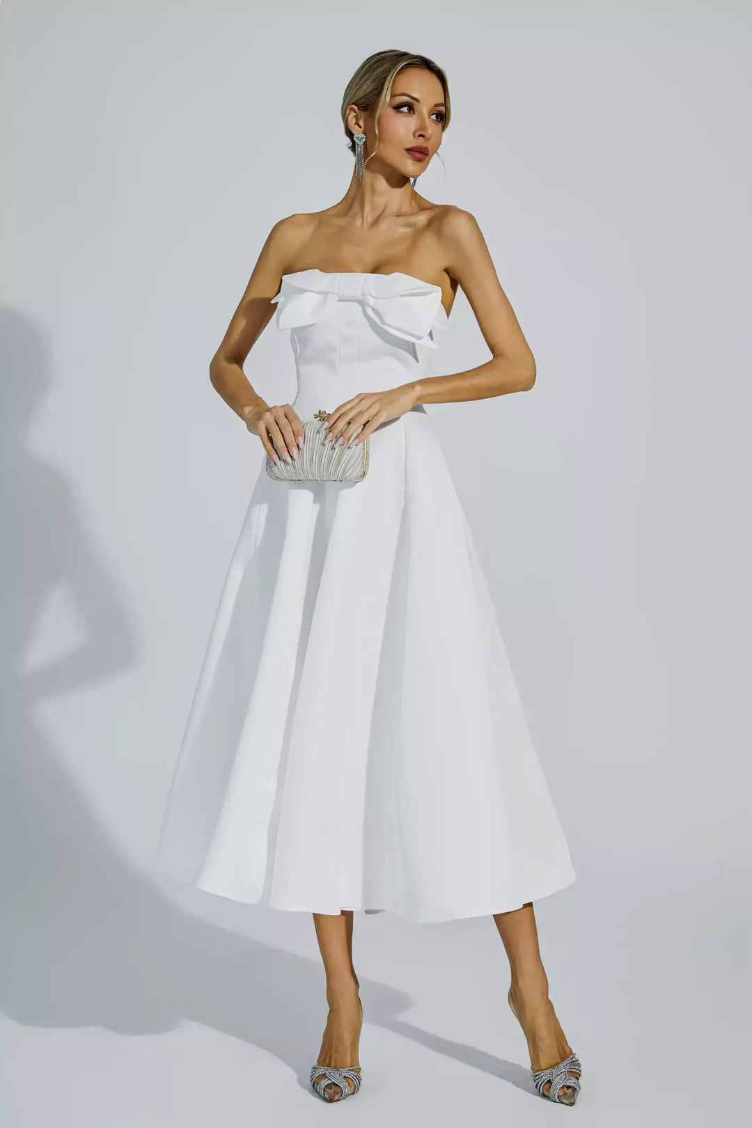 Off Shoulder  White Bow Flowy Dress