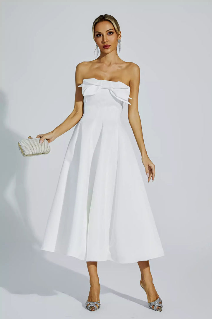 Off Shoulder  White Bow Flowy Dress