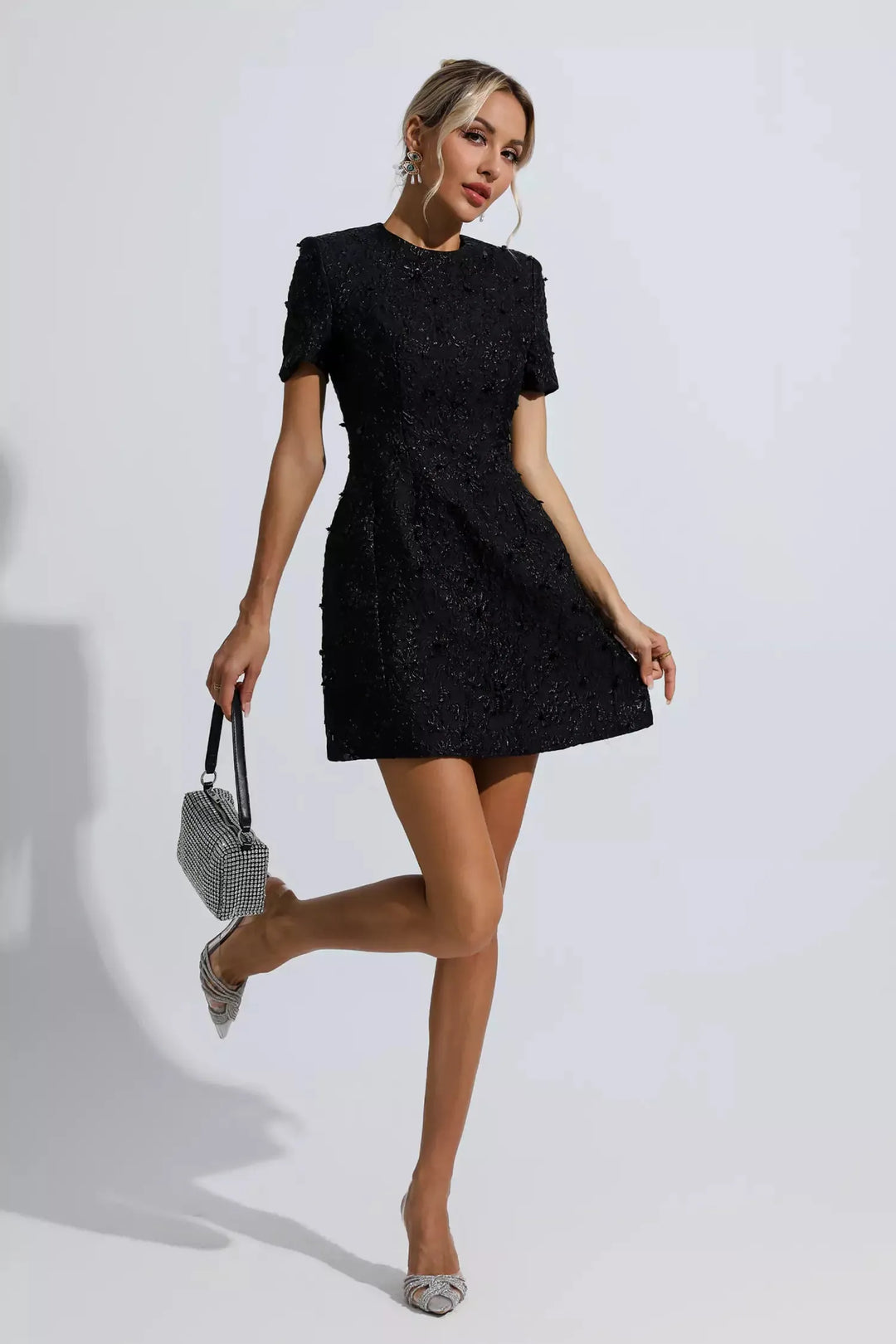 Astrid Black Jacquard Floral Mini Dress