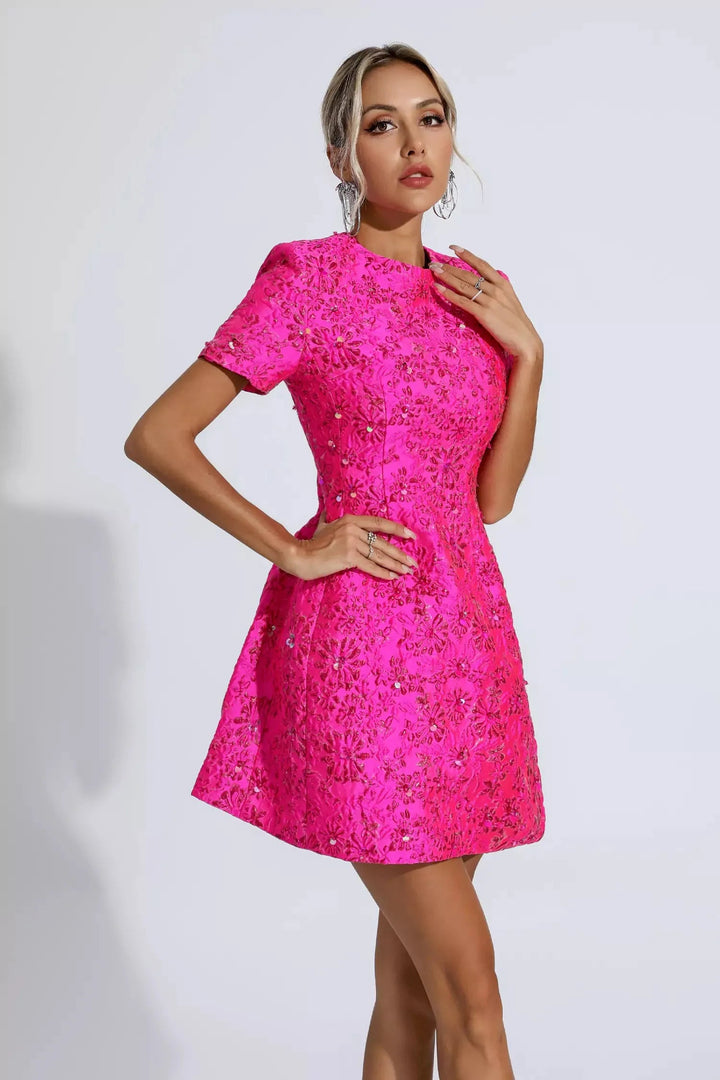 Astrid Rose Red Jacquard Floral Mini Dress