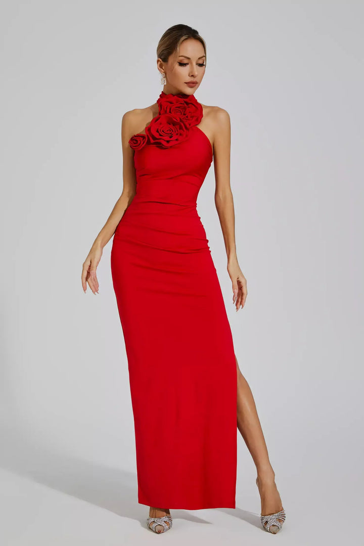 Red Floral Ruched Halter Maxi Dress