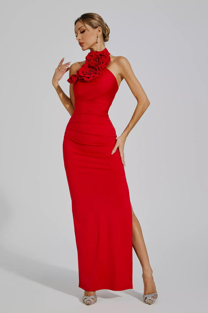 Red Floral Ruched Halter Maxi Dress