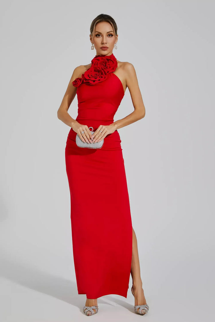 Red Floral Ruched Halter Maxi Dress