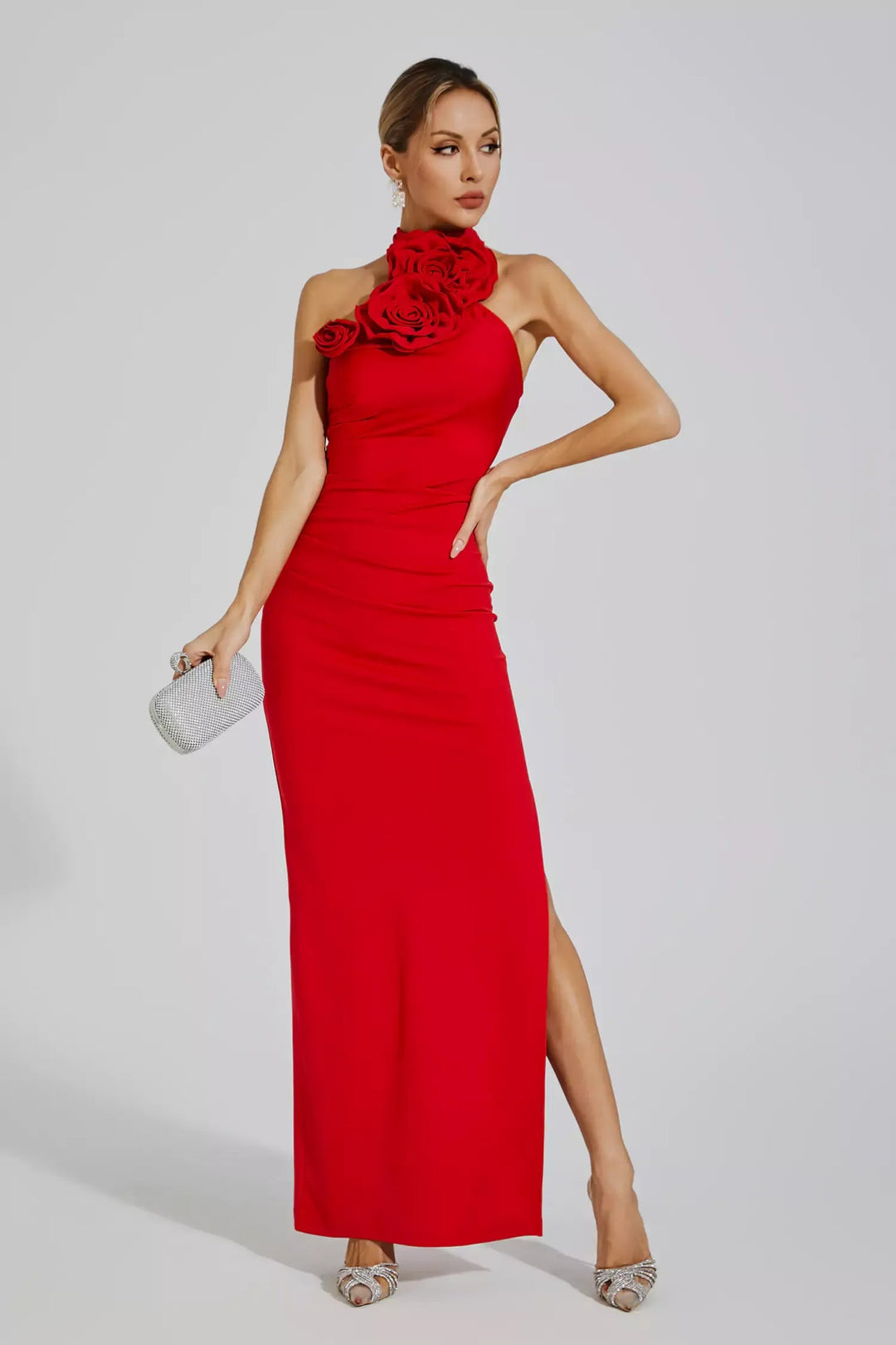 Red Floral Ruched Halter Maxi Dress