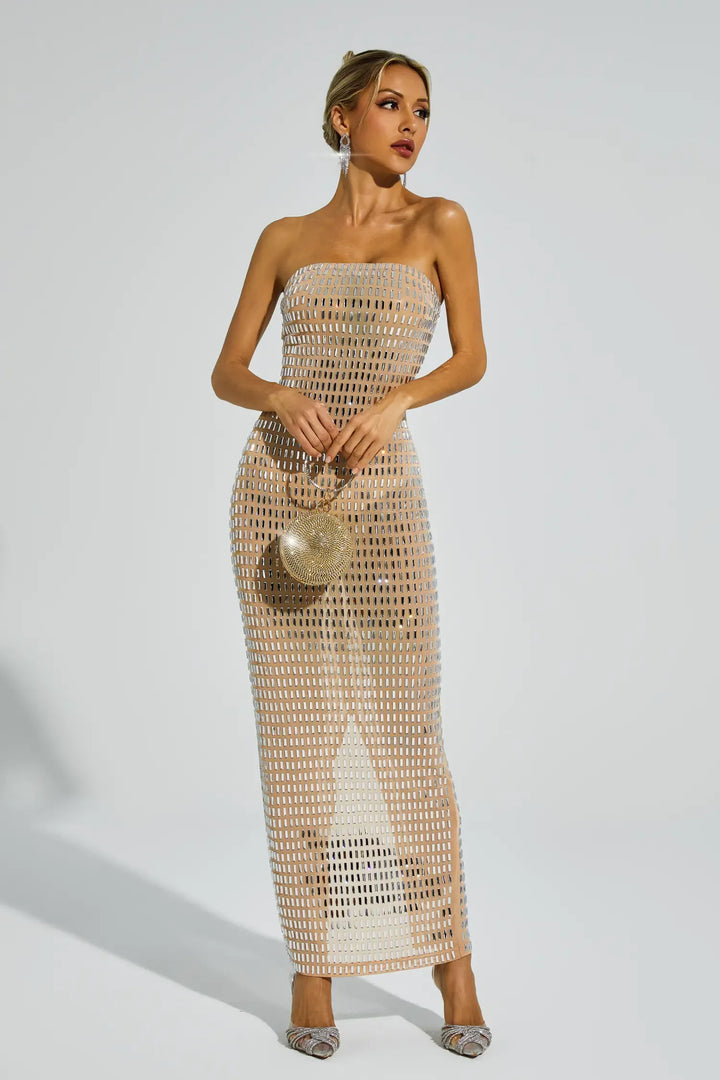 Boris Champagne Diamond Off Shoulder Dress