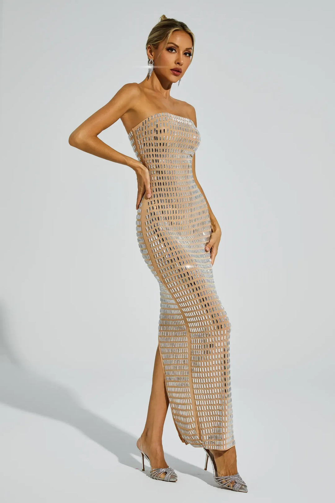 Boris Champagne Diamond Off Shoulder Dress