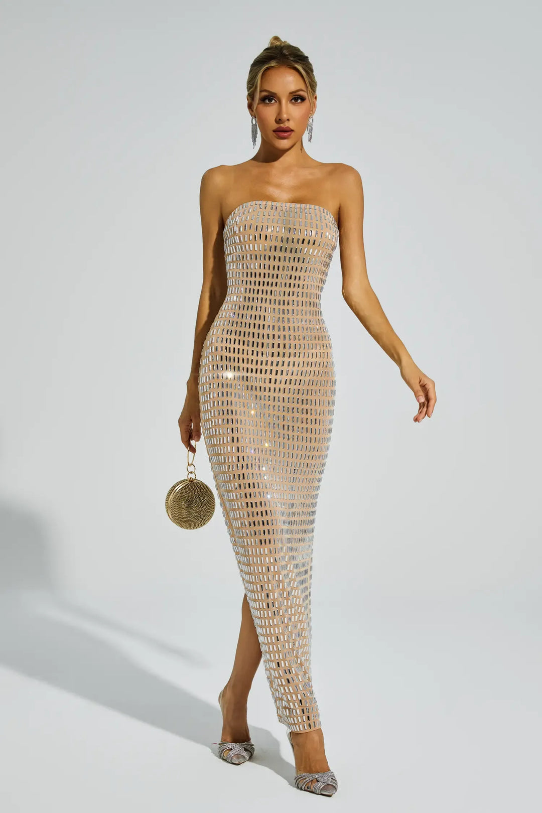 Boris Champagne Diamond Off Shoulder Dress