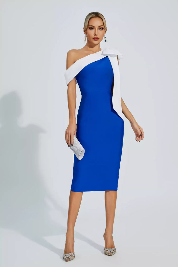 Braelyn Blue Bow One Shoulder Bandage Dress