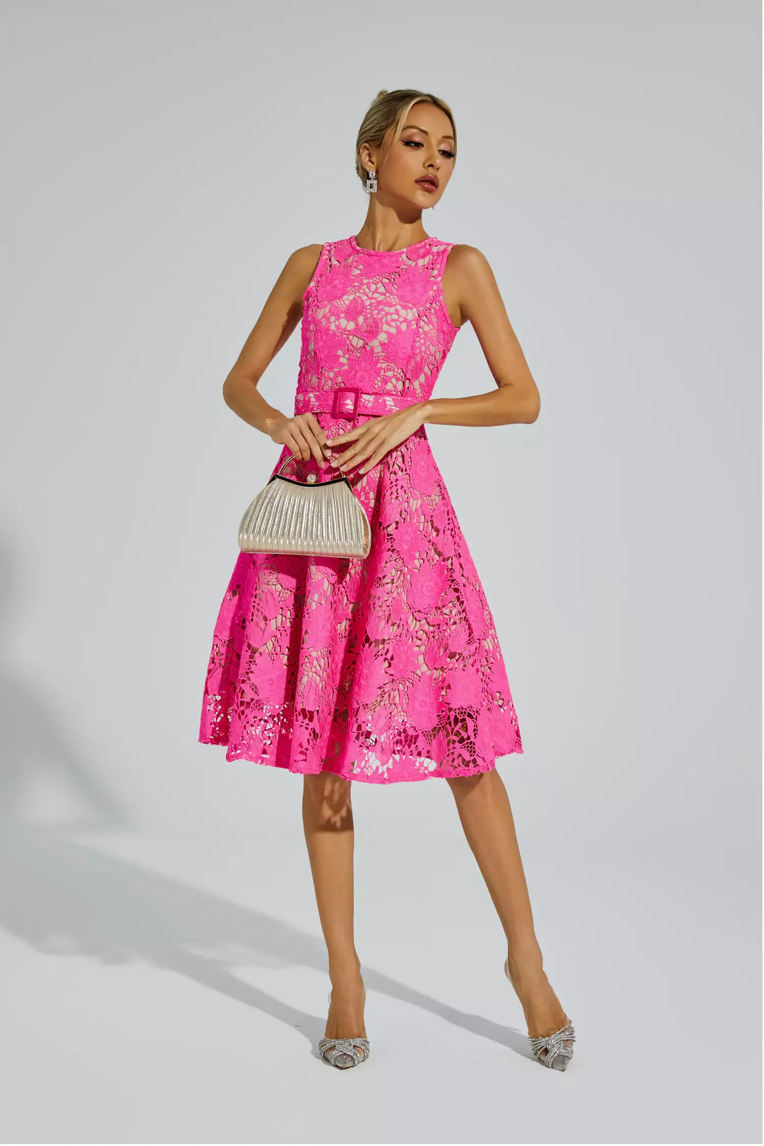 Brian Rose Red Lace Belted Midi Dress