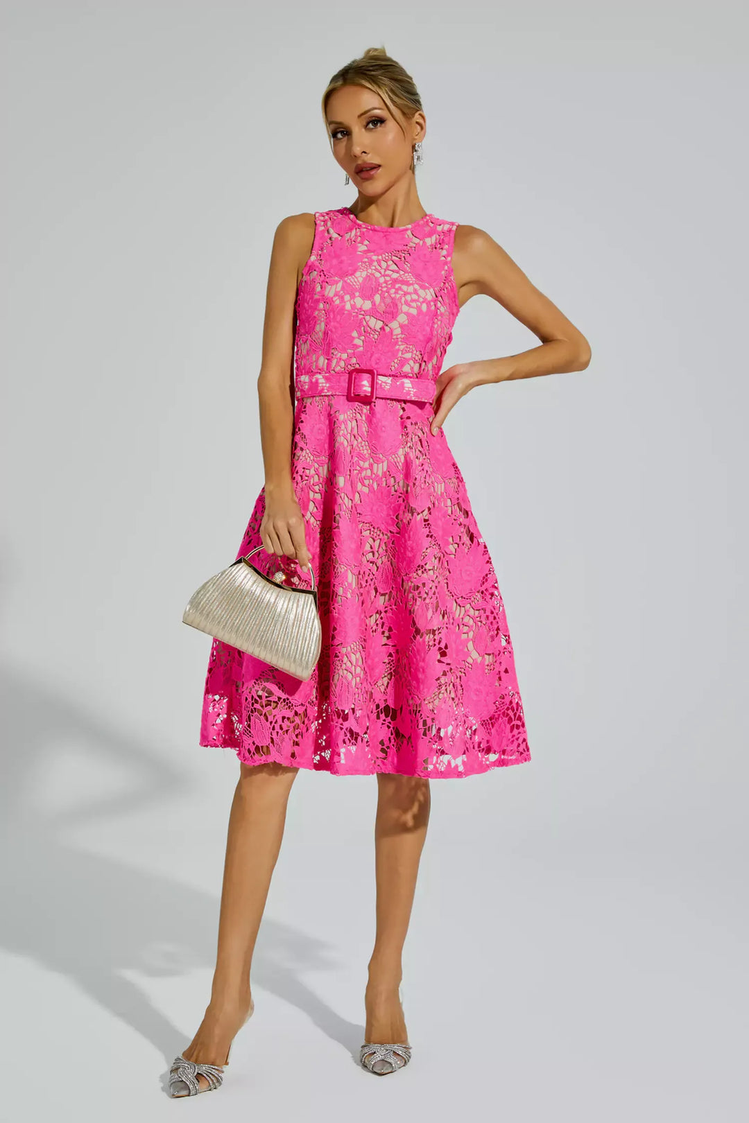 Brian Rose Red Lace Belted Midi Dress