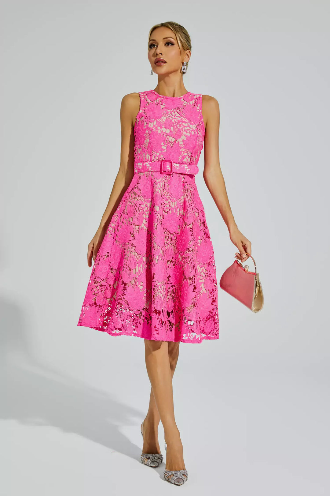 Brian Rose Red Lace Belted Midi Dress