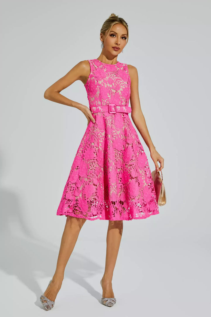 Brian Rose Red Lace Belted Midi Dress