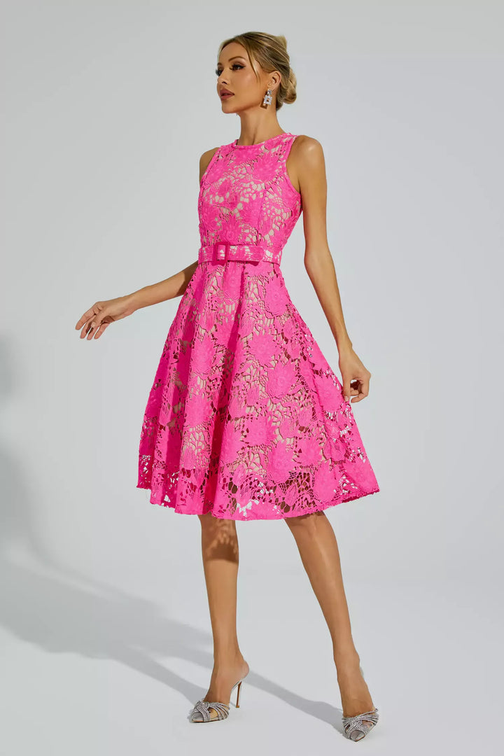 Brian Rose Red Lace Belted Midi Dress