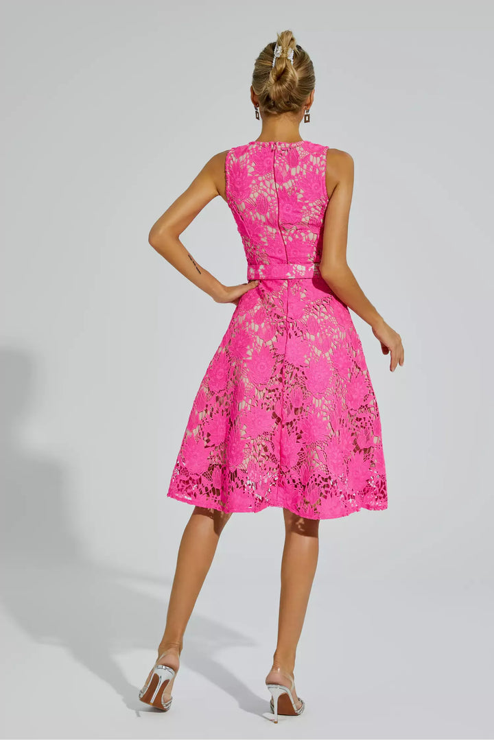 Brian Rose Red Lace Belted Midi Dress