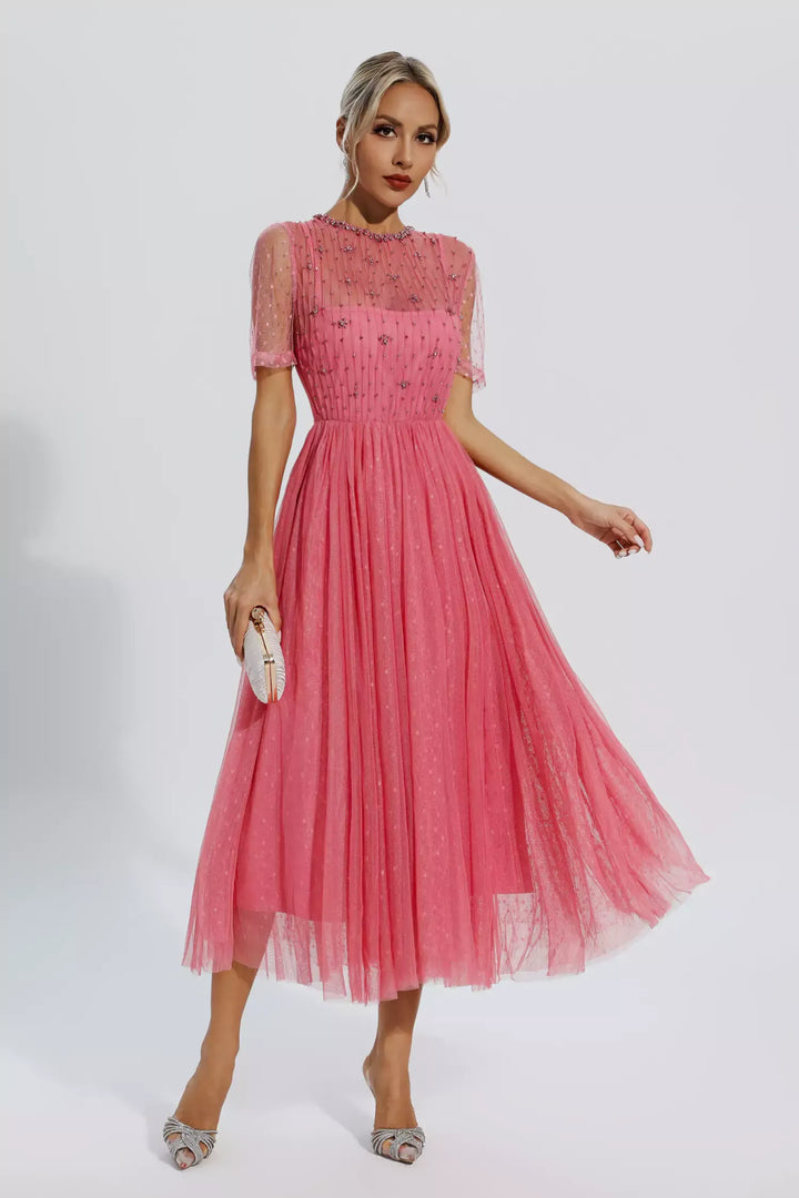 Clementine Pink Mesh Diamond Midi Dress