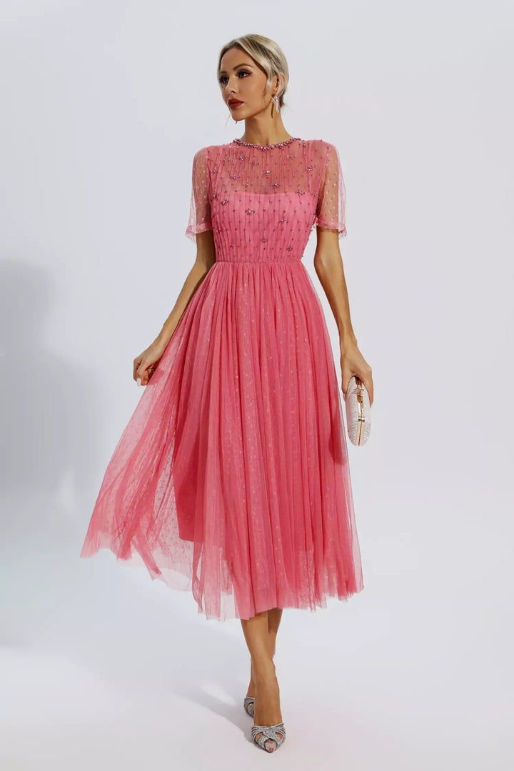 Clementine Pink Mesh Diamond Midi Dress