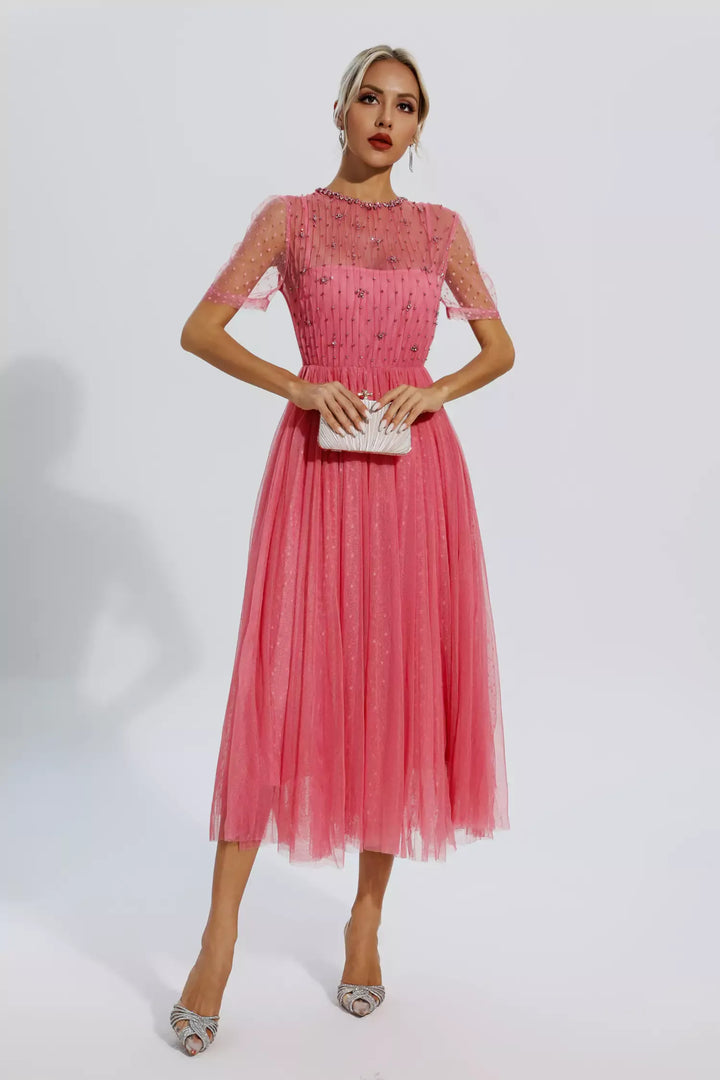 Clementine Pink Mesh Diamond Midi Dress