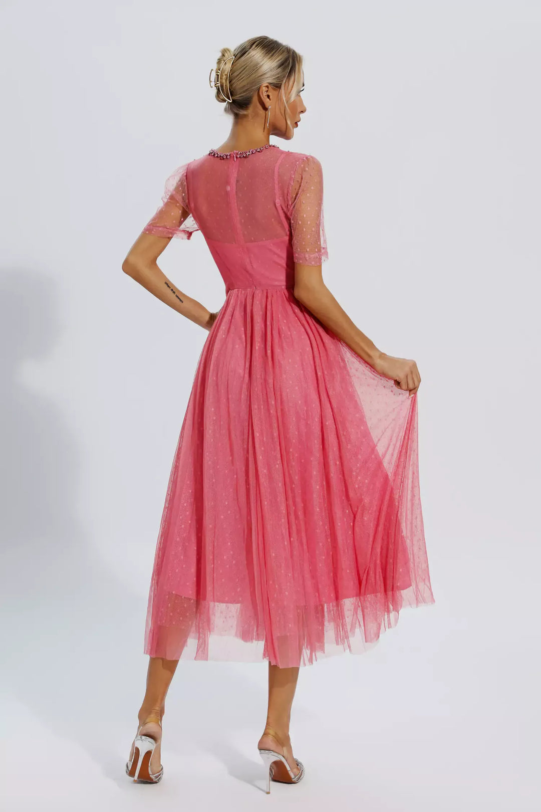 Clementine Pink Mesh Diamond Midi Dress