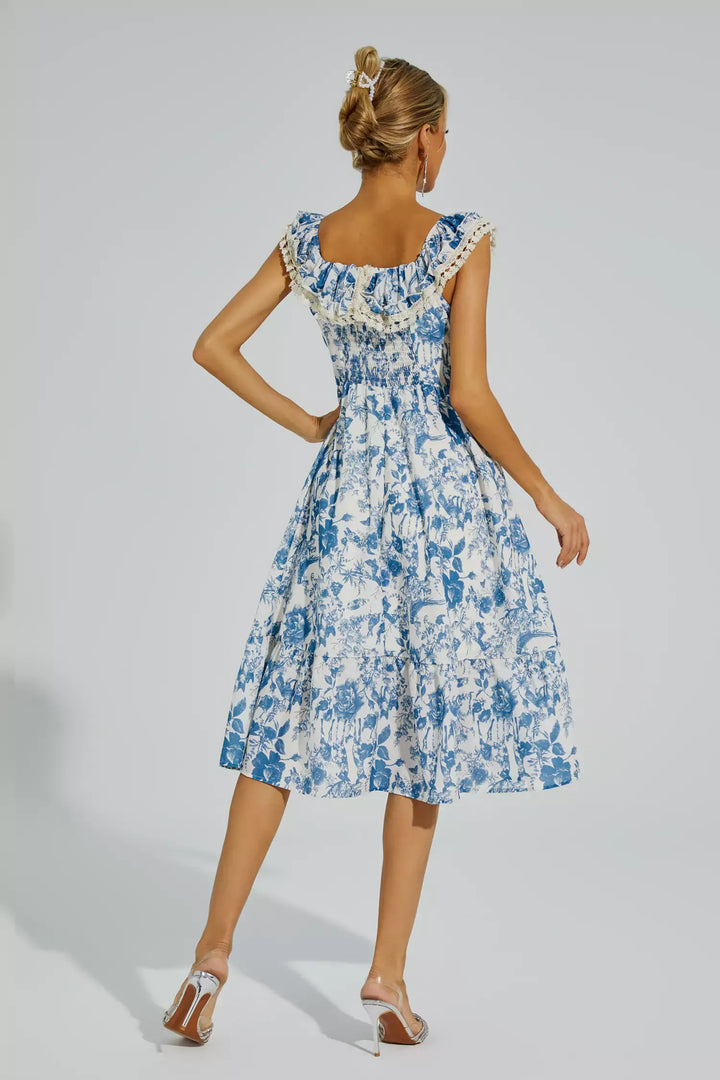 Connie Blue Flower Puffer Sleeve Dress