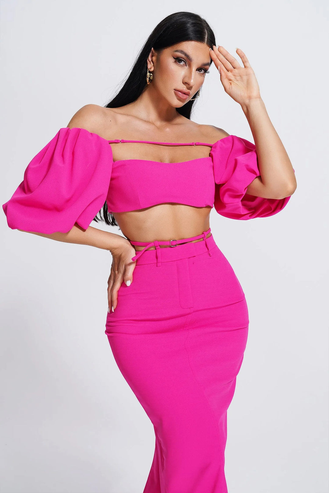 Rose Off-shoulder Lantern Sleeve Two-piece Dress