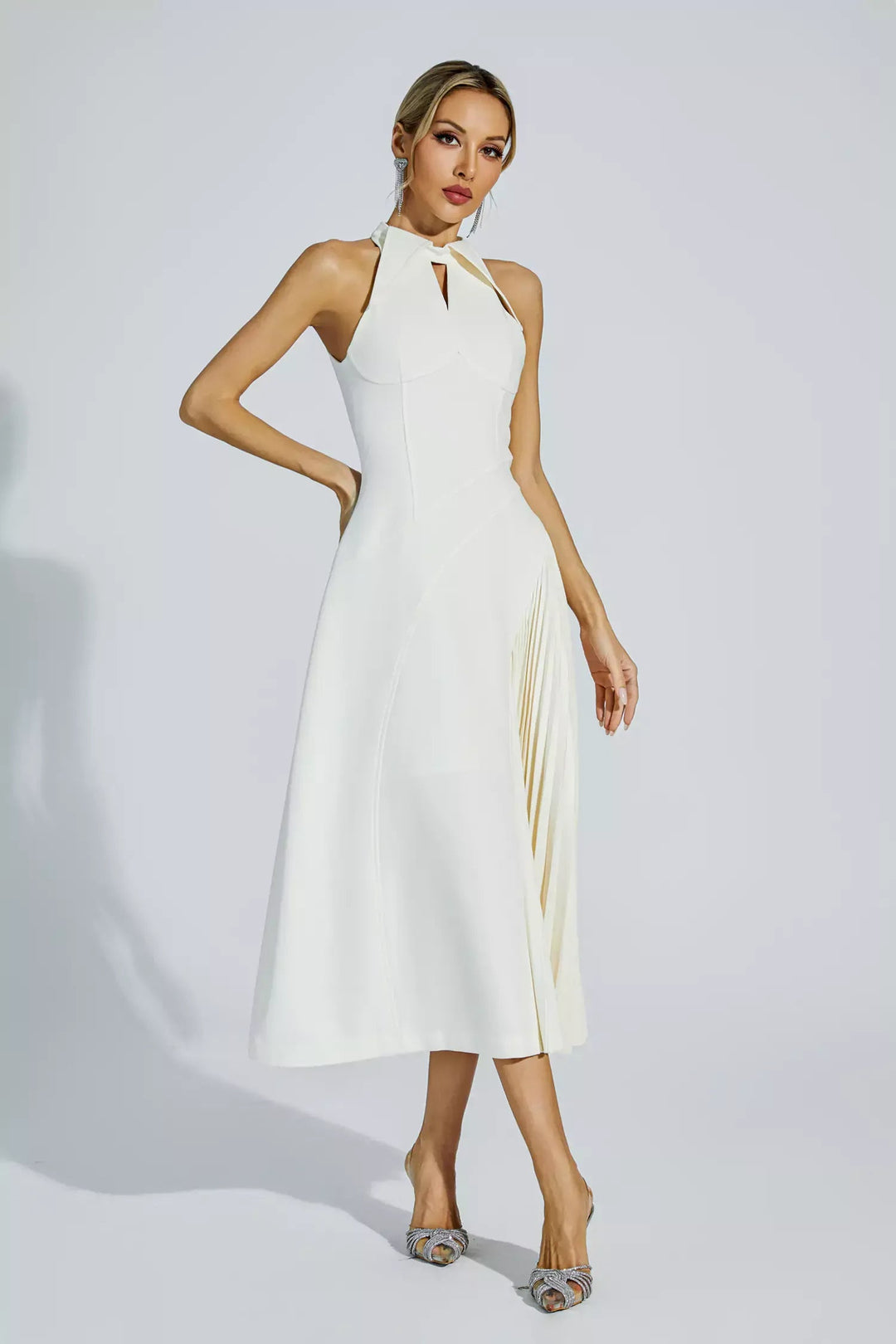 Cream Ruffled Sleeveless Midi Dress