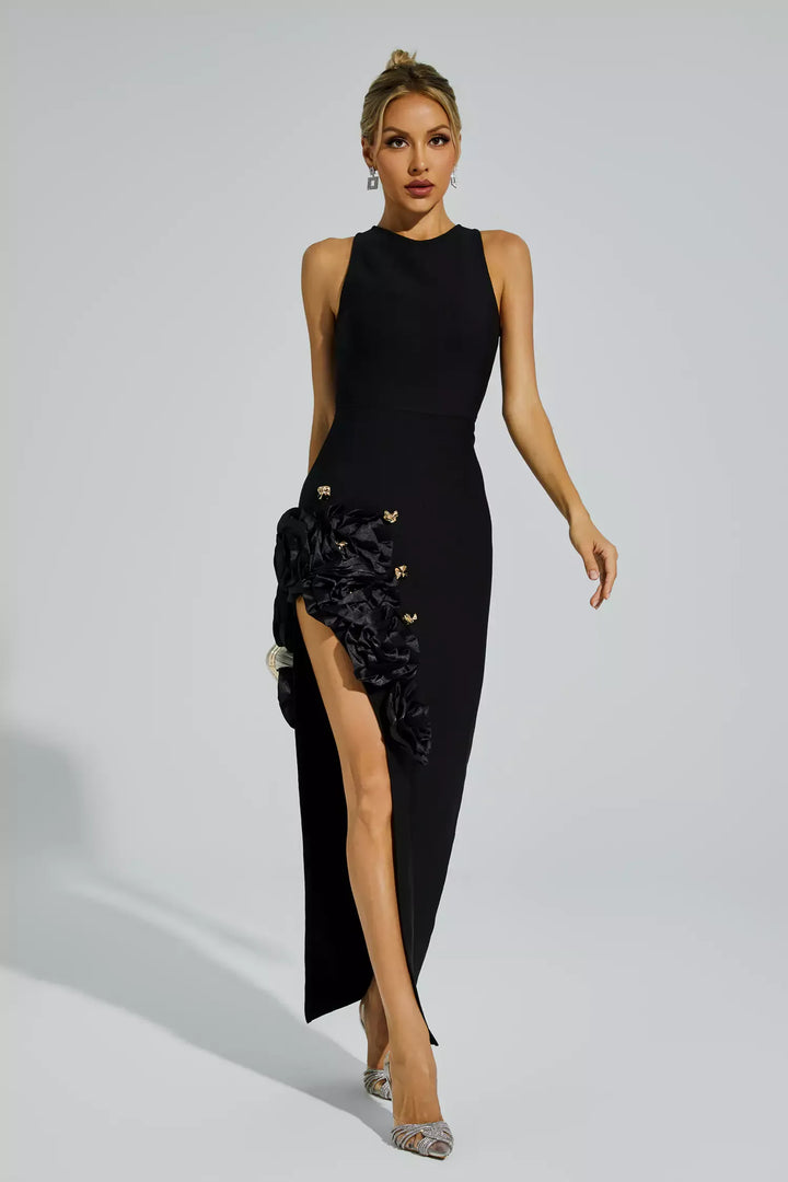 Darcy Black Rose Slit Bandage Dress