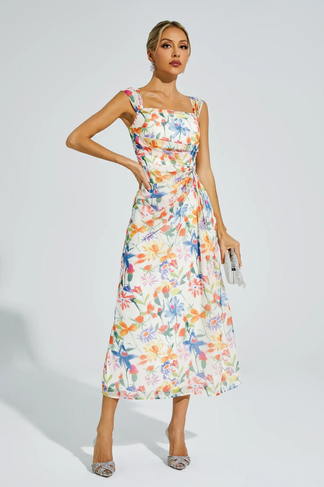 Debby Orange Flower Waist-cinching Dress