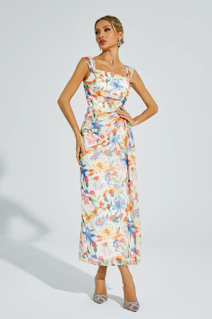 Debby Orange Flower Waist-cinching Dress