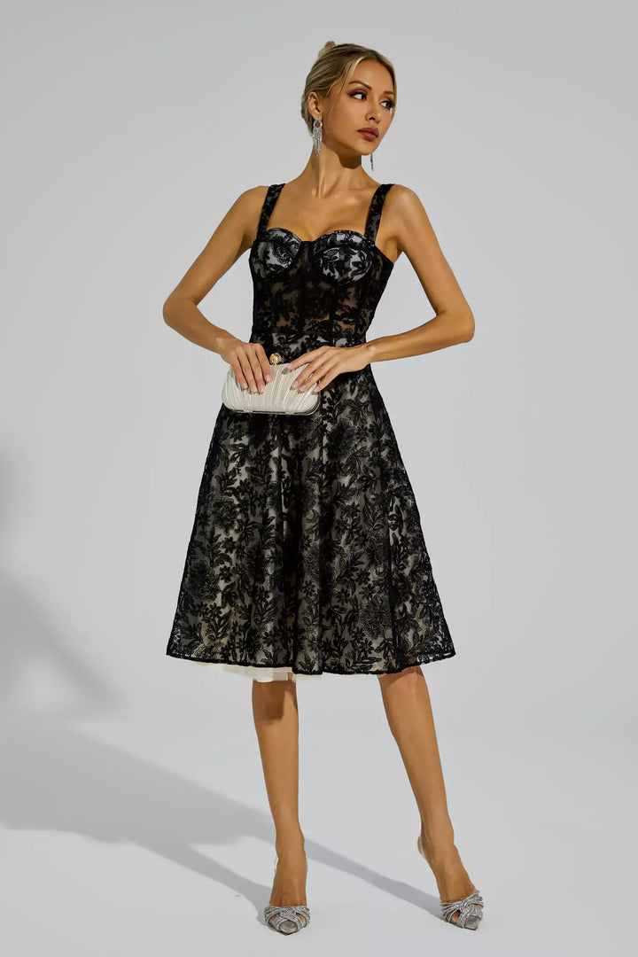 Dillon Black Lace Embroideries Midi Dress