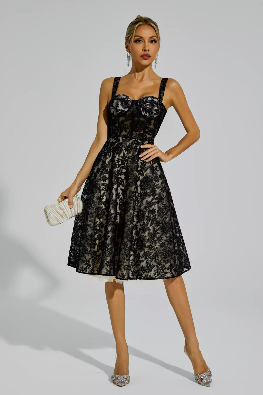 Dillon Black Lace Embroideries Midi Dress