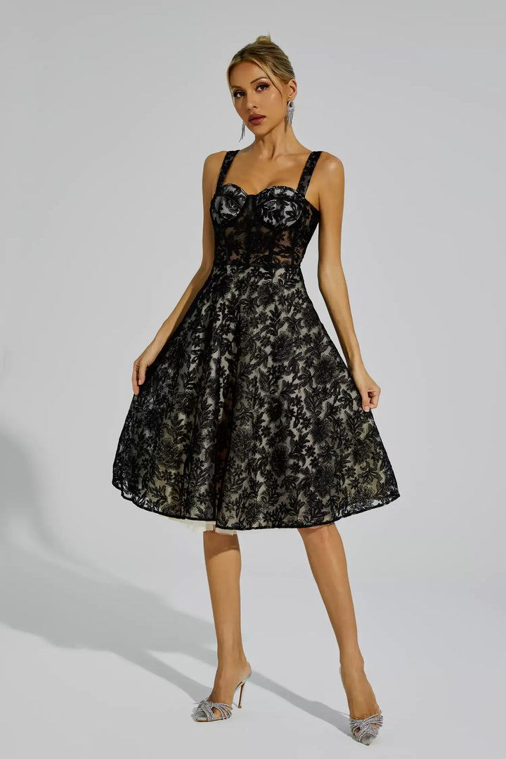 Dillon Black Lace Embroideries Midi Dress